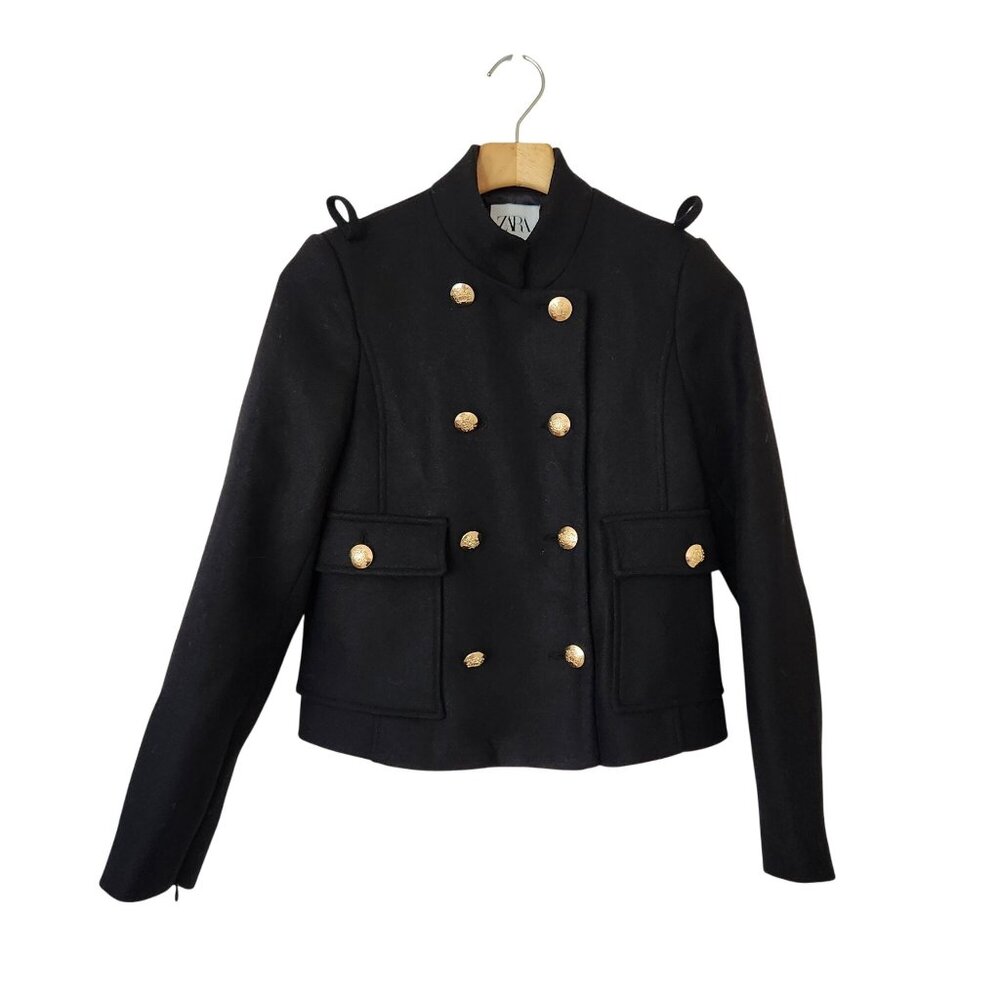 Zara Black Wool Military Jacket Gold Buttons Fall Winter Old Money Glam Preppy - Picture 1 of 13